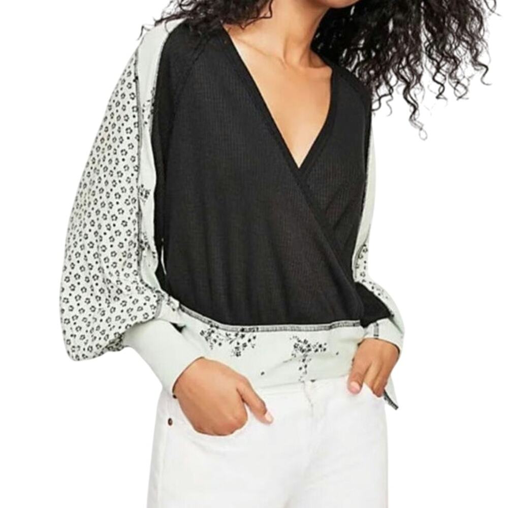 NWT Free People Auxton Thermal Surplice Neckline Boho Top in Black
